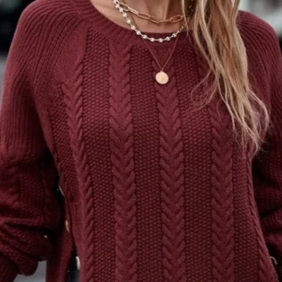 boho Burgundy Sleeve Button Side detailoed Cable Knit Sweater Top fall winter - Picture 6 of 6